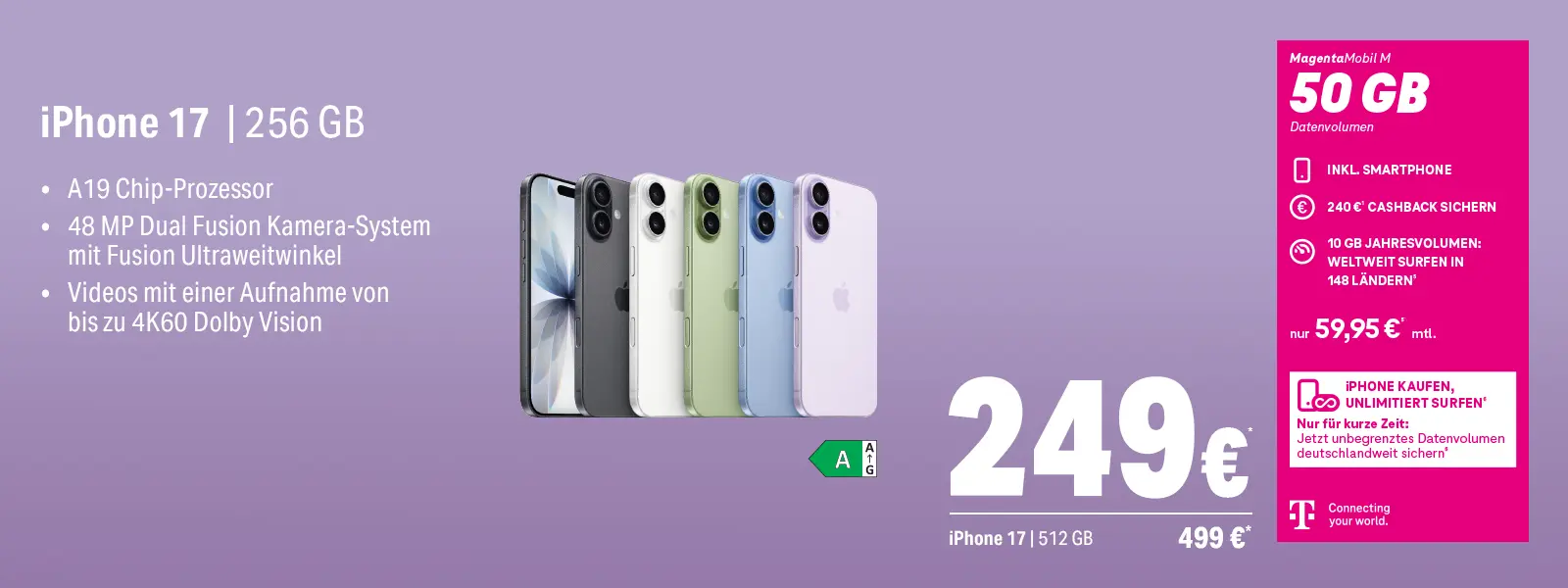 Werbebanner: iPhone 17 256 GB in Farben, MagentaMobil M 50 GB Tarifangebot