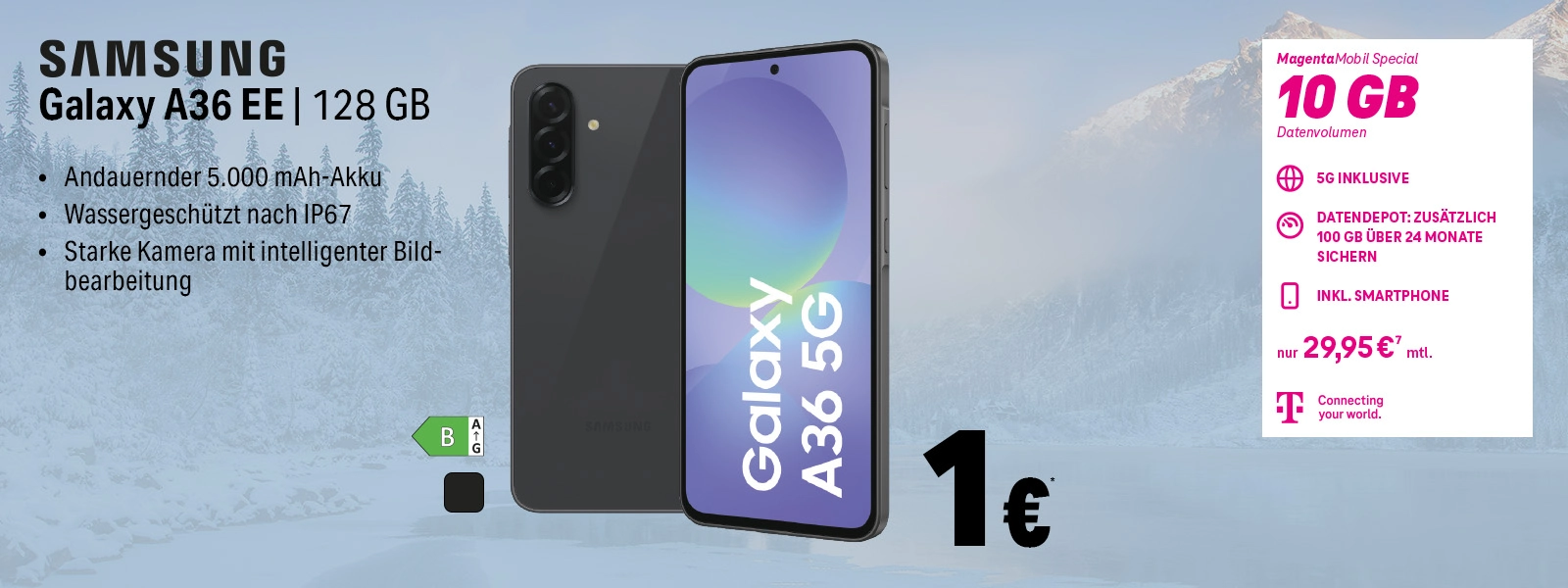 Samsung Galaxy A36 EE 128 GB mit 5G, großem Akku und IP67 Wasserschutz im Mobilfunkangebot.