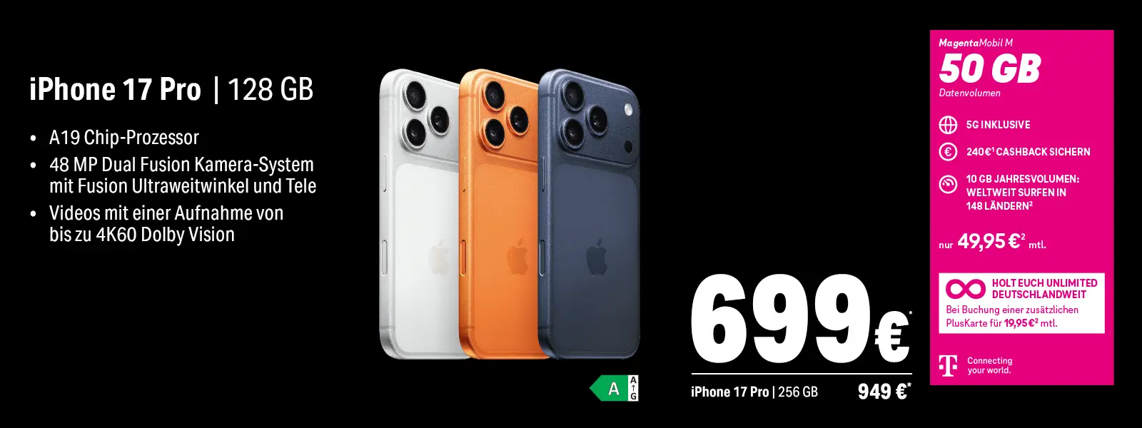 Werbeanzeige iPhone 17 Pro mit Speicher, Kamera-Features und MagentaMobil M Tarif
