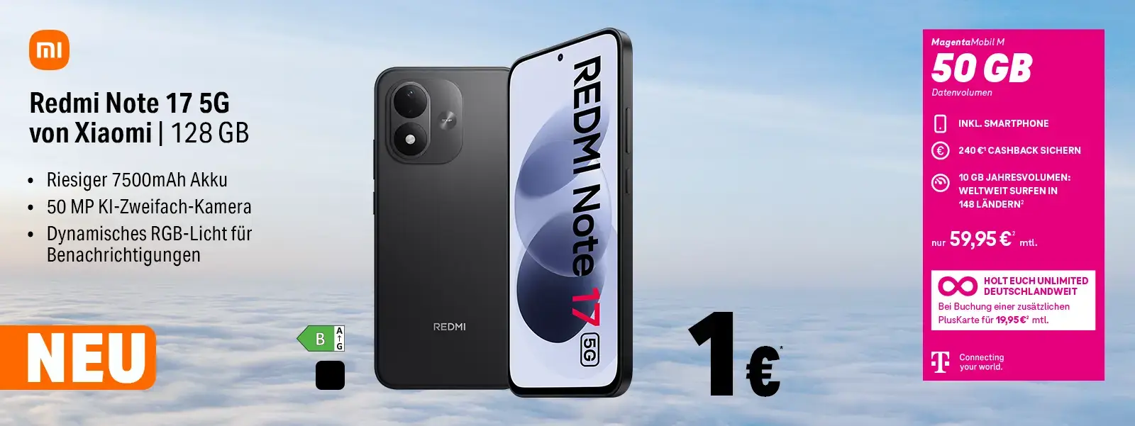 Redmi Note 17 5G von Xiaomi, 128 GB, MagentaMobil M mit 50 GB Tarif.