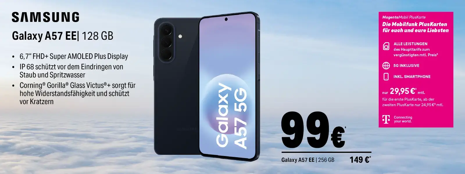Werbebanner: Samsung Galaxy A57 5G 128 GB Smartphone mit Displayinfos und Tarif.