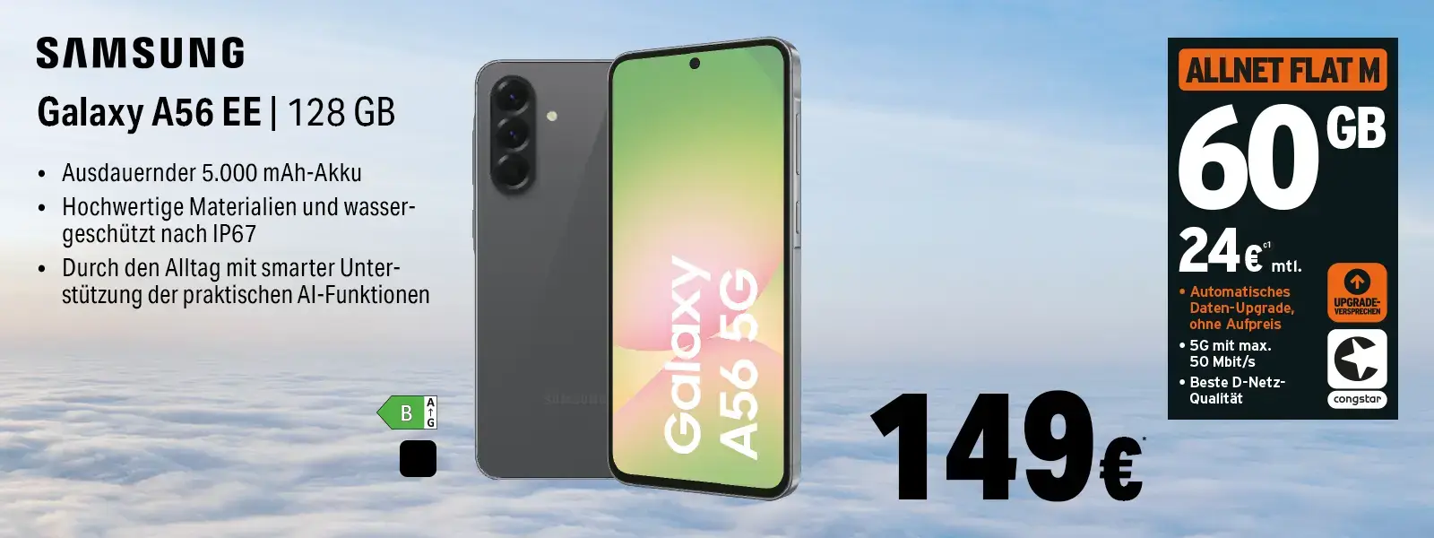 Samsung Galaxy A56 EE 128 GB Smartphone mit 5G-Tarif und 60 GB Datenvolumen