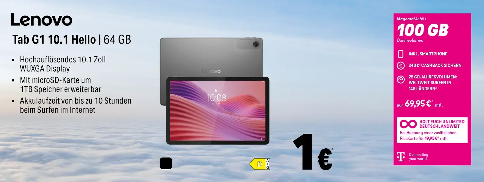 Lenovo Tab G1 10.1 Hello Tablet 64 GB, MagentaMobil L mit 100 GB Datenvolumen