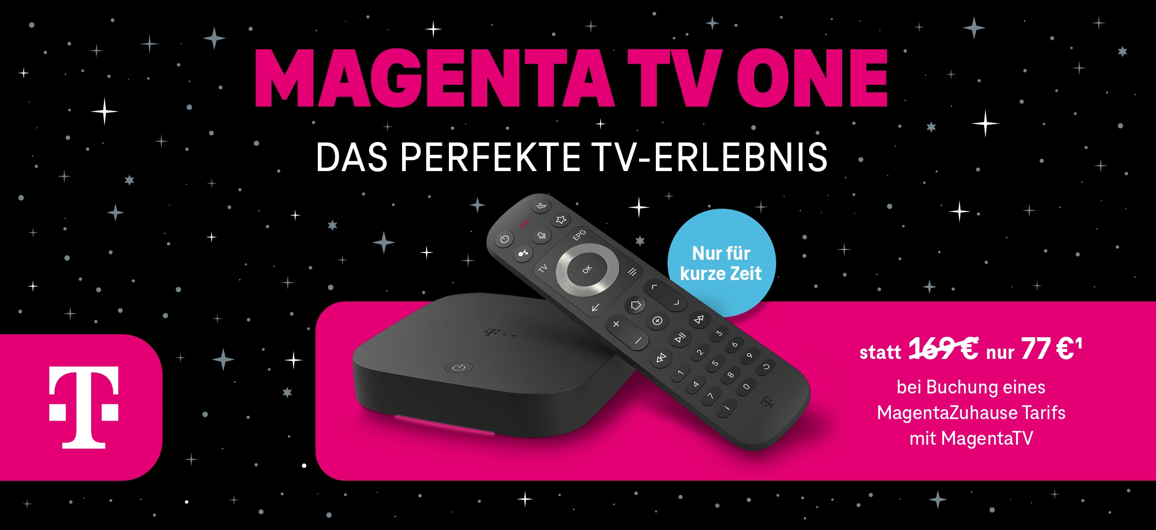 MagentaTV One Set-Top-Box mit Fernbedienung vor Sternenhintergrund und Telekom Logo.
