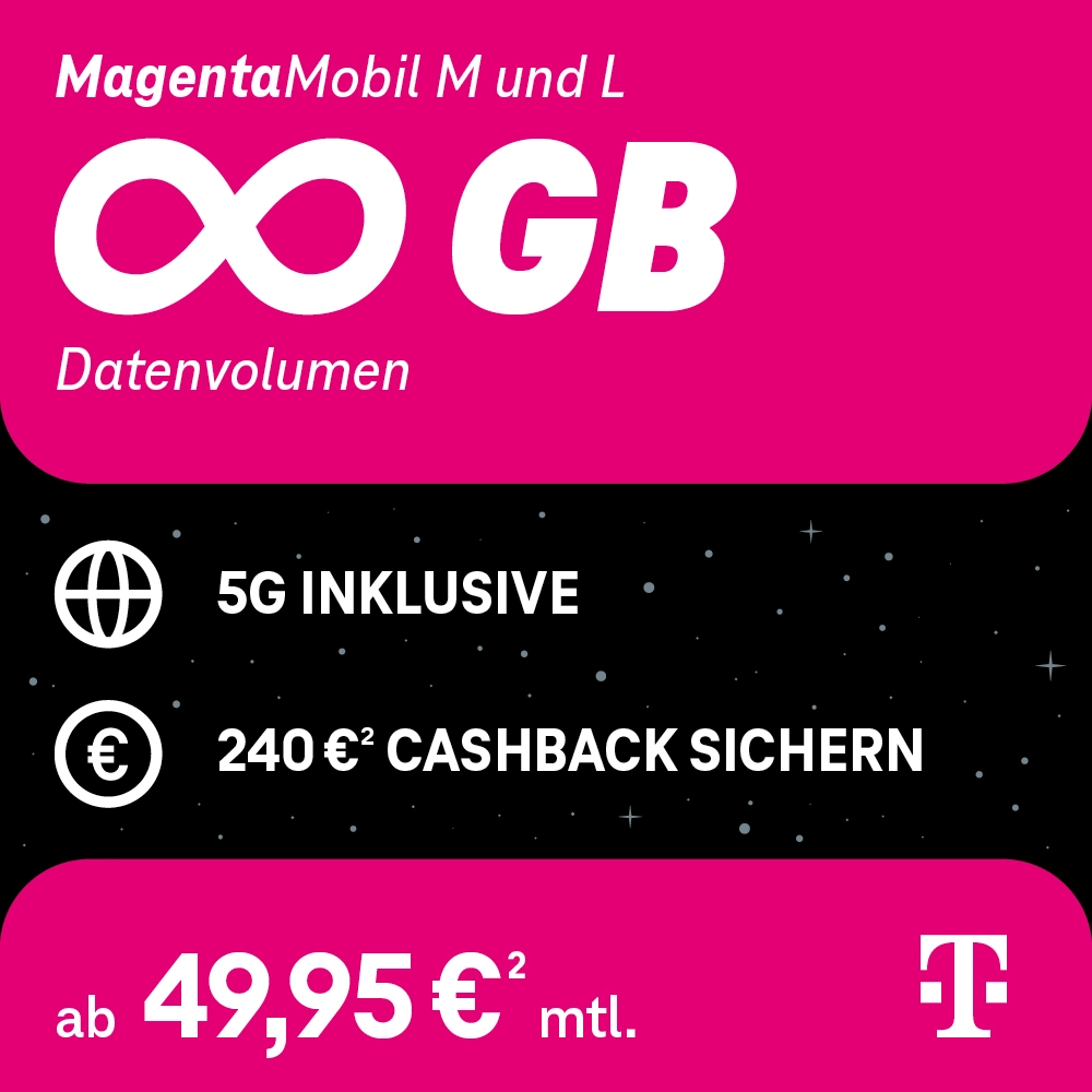 Werbegrafik für MagentaMobil M und L mit unbegrenztem 5G-Datenvolumen und Cashback-Aktion.