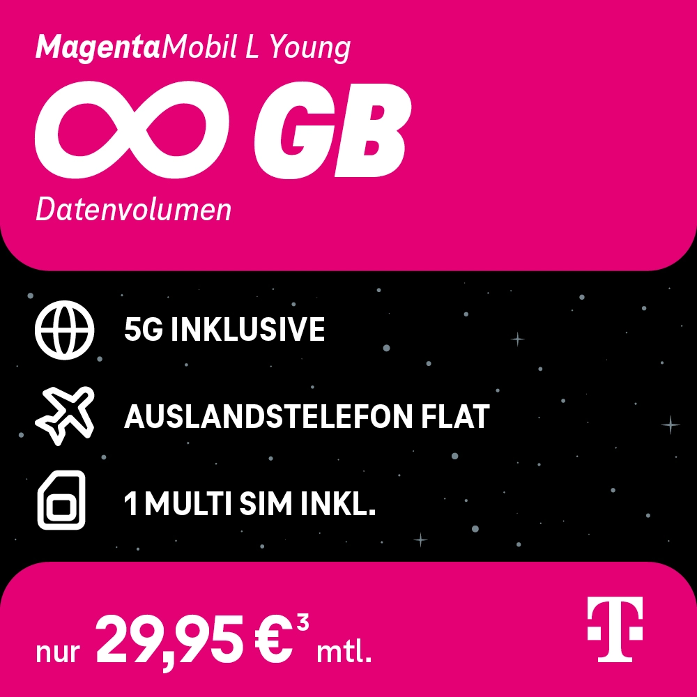 MagentaMobil L Young Tarif mit unbegrenztem Datenvolumen, 5G, Auslandstelefon-Flat.